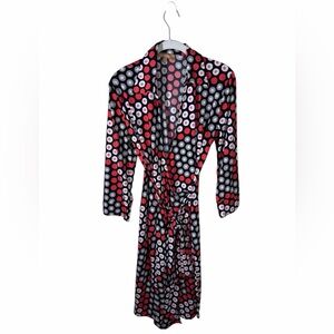 Ellen Tracy Black Wrap Robe with Coral & White Polka Dots